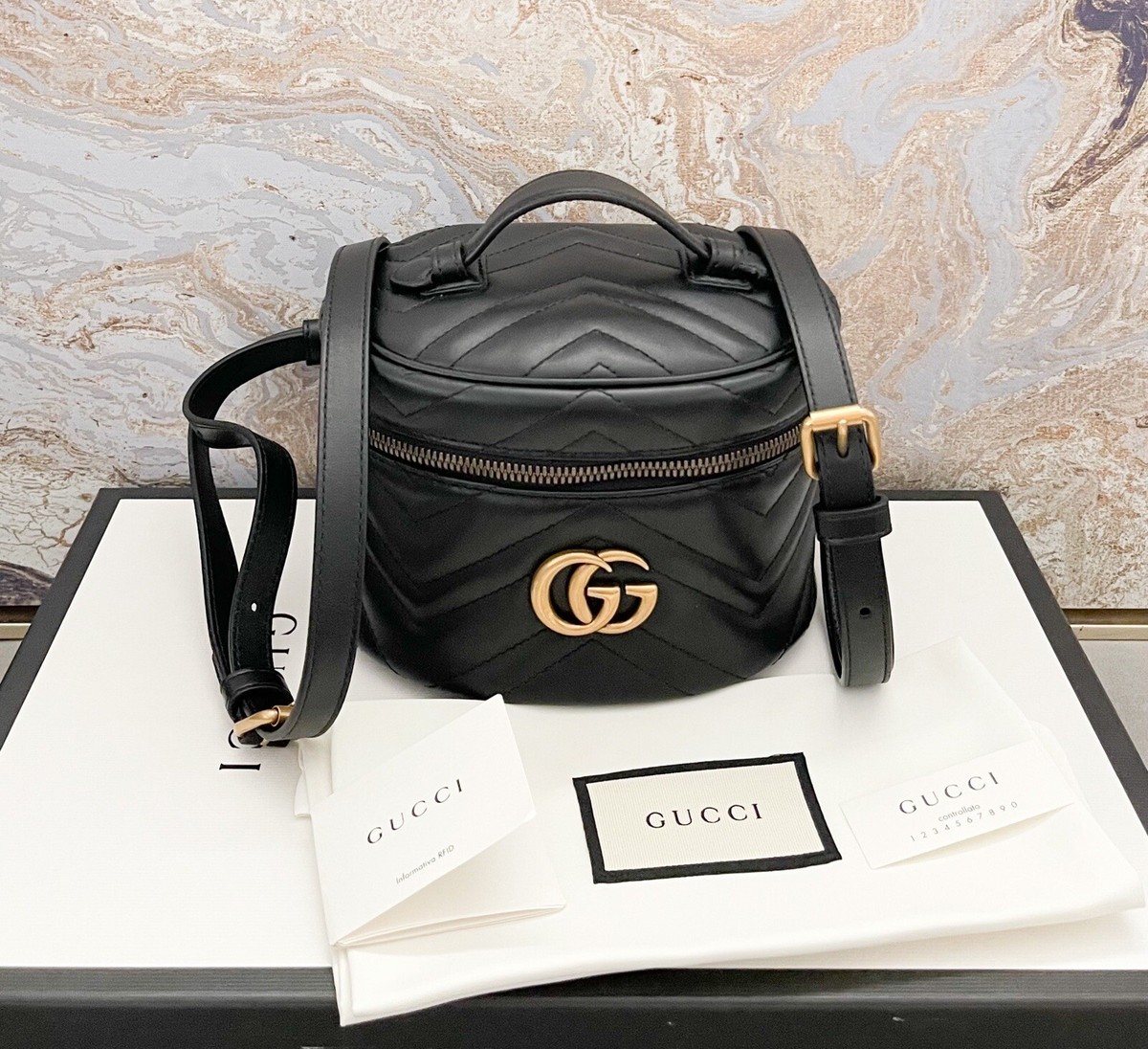 Gucci Matelasse Mini GG Marmont White Calfskin Leather Round 