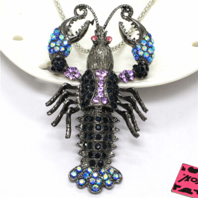 New Fashion Women Blue Rhinestone Lobster Ocean Crystal Pendant Chain Necklace