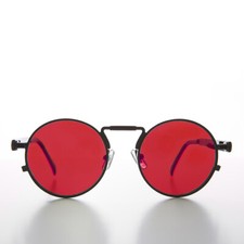 Round Black Metal Goth Steampunk Sunglass Red Lens- Ivan