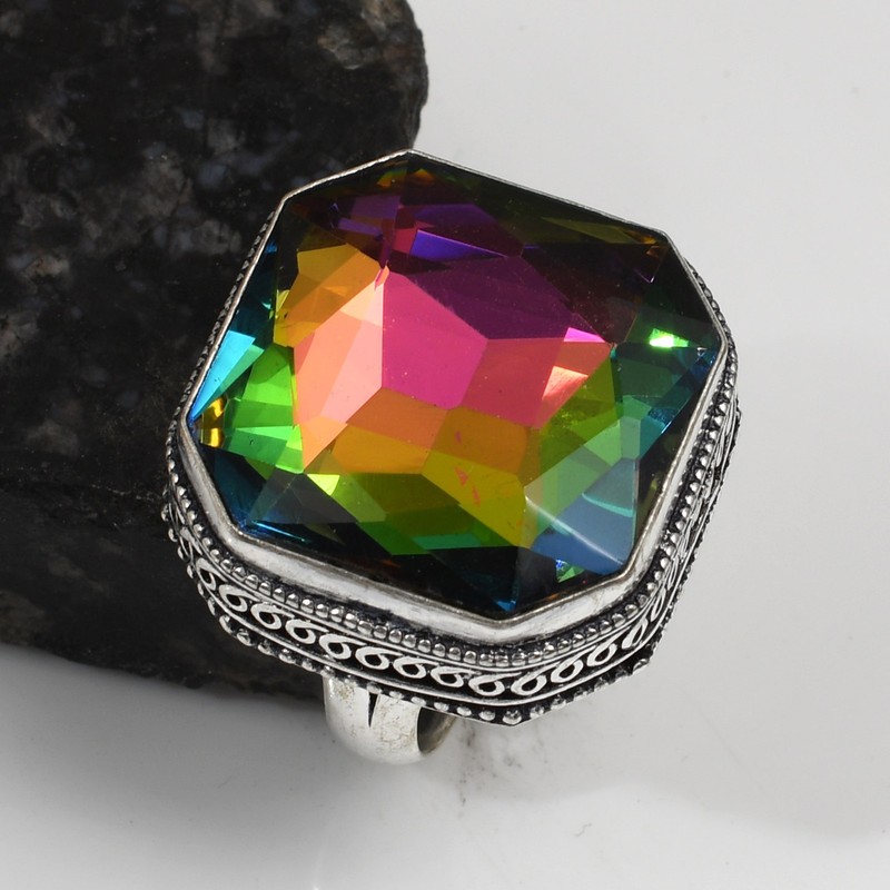 Mystic Topaz Gemstone Ethnic Antique Design Ring Jewelry US Size-10.25 AR 63100