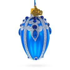 Royal Blue Silver Glitter and Gem Accents Mini Glass Egg Ornament 2.9 Inches