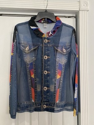 Damee,Inc Abstract Painted  Denim Jacket Mesh Stretch Size Medium