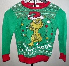 The Grinch Knit Ugly Sweater Unisex Kid's Grinch Mode Crew Neck Green Size XS