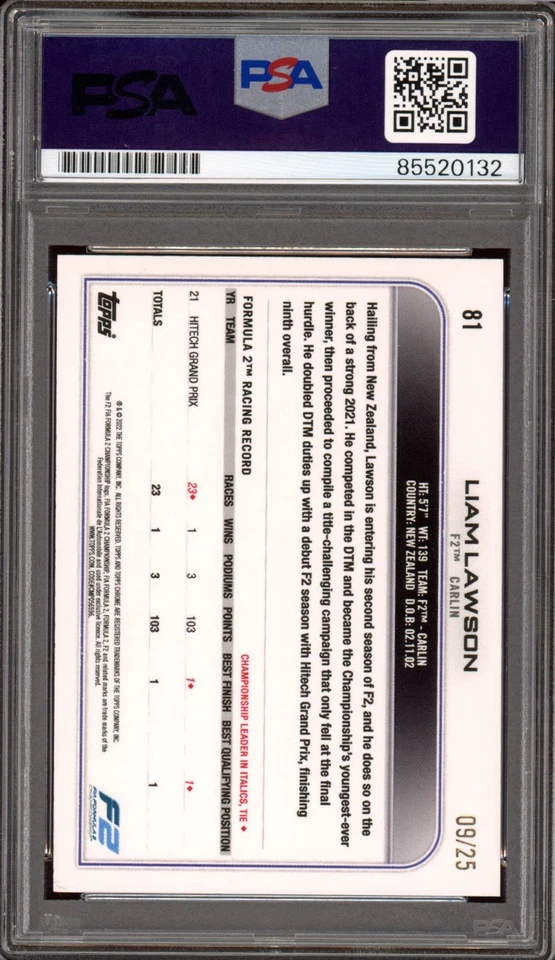 2022 Topps Chrome F1 #81 Liam Lawson Orange Wave Rookie /25 PSA GEM MT 10 AUTO - Image 2 of 2