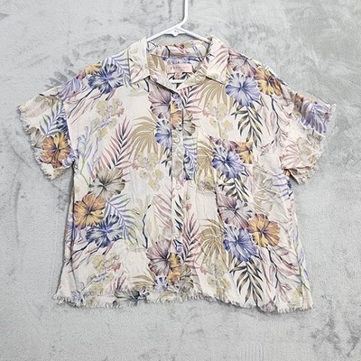 Philosophy Shirt Womens M Floral Hawaiian Tropical Lightweight Raw Edge Fringe