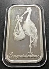 Vintage .999 Fine Silver Art Bar A New Baby Design with Stork "CONGRATULATIONS"