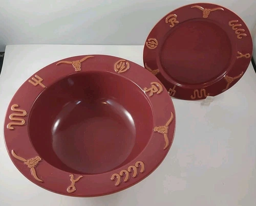 Frankoma Pottery RANCH Cattle Brands Cabernet Burgundy Serving Bowl &Salad Plate