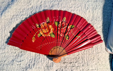 Vintage / Antique Paper Wood Hand Floral Fan Deep Red