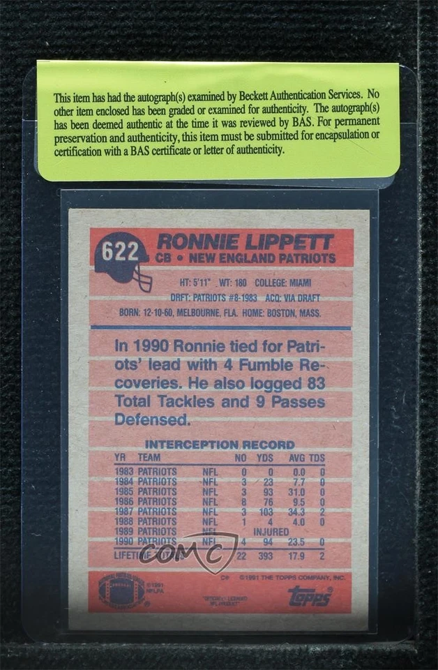 BAS 1991 Topps Ronnie Lippett #622 Authentic Auto - Image 2 of 2