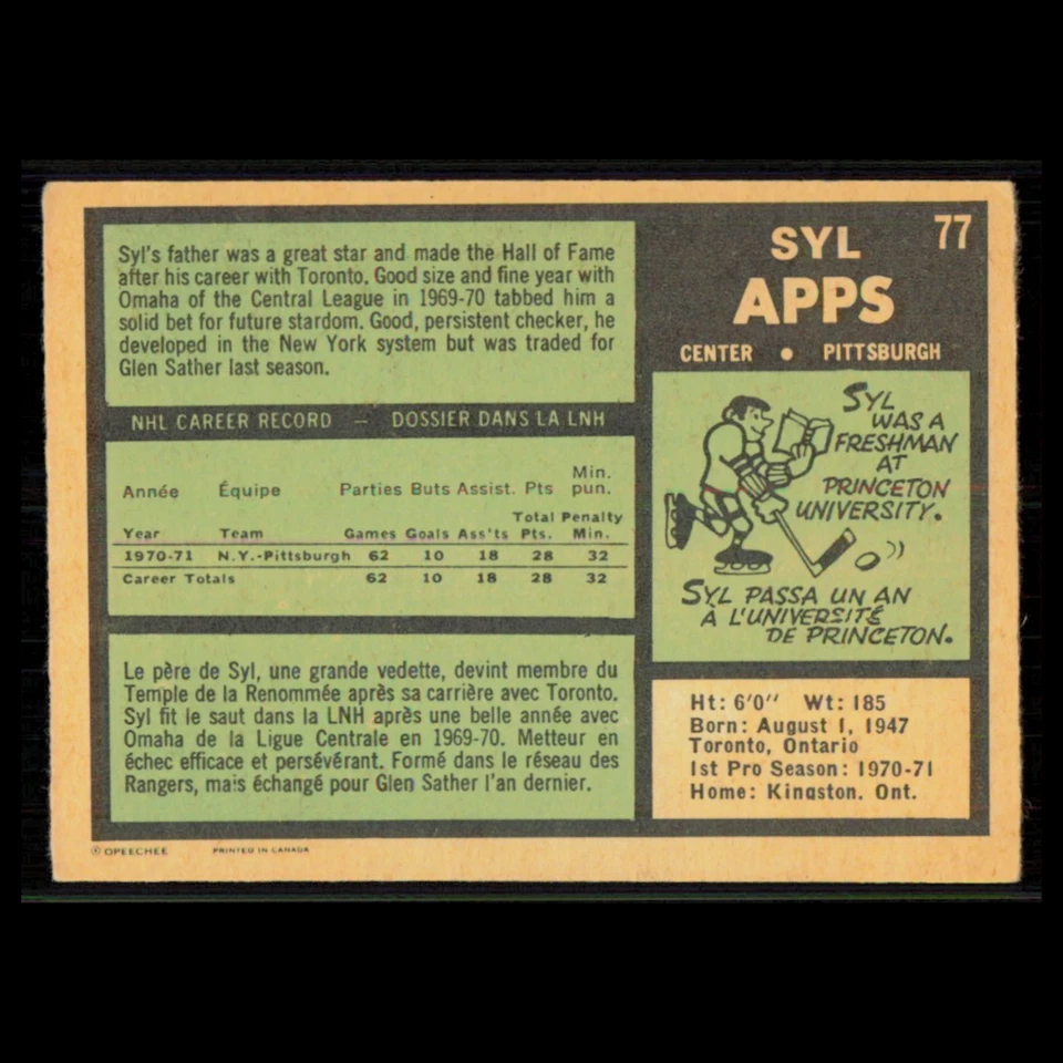 Syl Apps Jr. Rookie #77 1971 O-Pee-Chee Pittsburgh Penguins Hockey Card NHL EX - Image 2 of 3