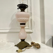 Vintage Pink Milk Glass Table Lamp Brass Base Hobnail Diamond Pattern Works 19.5