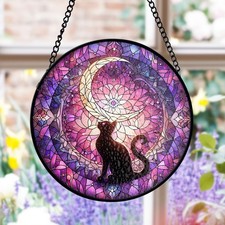 Black Cat Moon Stained Glass Suncatcher Celestial Window Art Gothic Witchy Gift