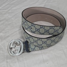 Authentic Gucci Monogram Blue Beige GG Belt Silver Buckle 30-32 IT 90CM