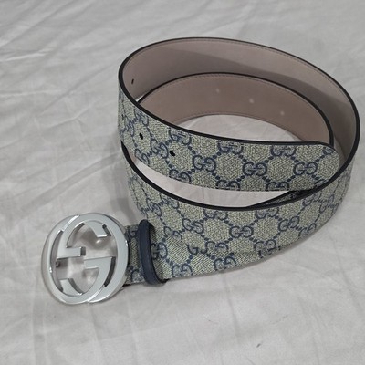 Authentic Gucci Monogram Blue Beige GG Belt Silver Buckle 30-32 IT 90CM