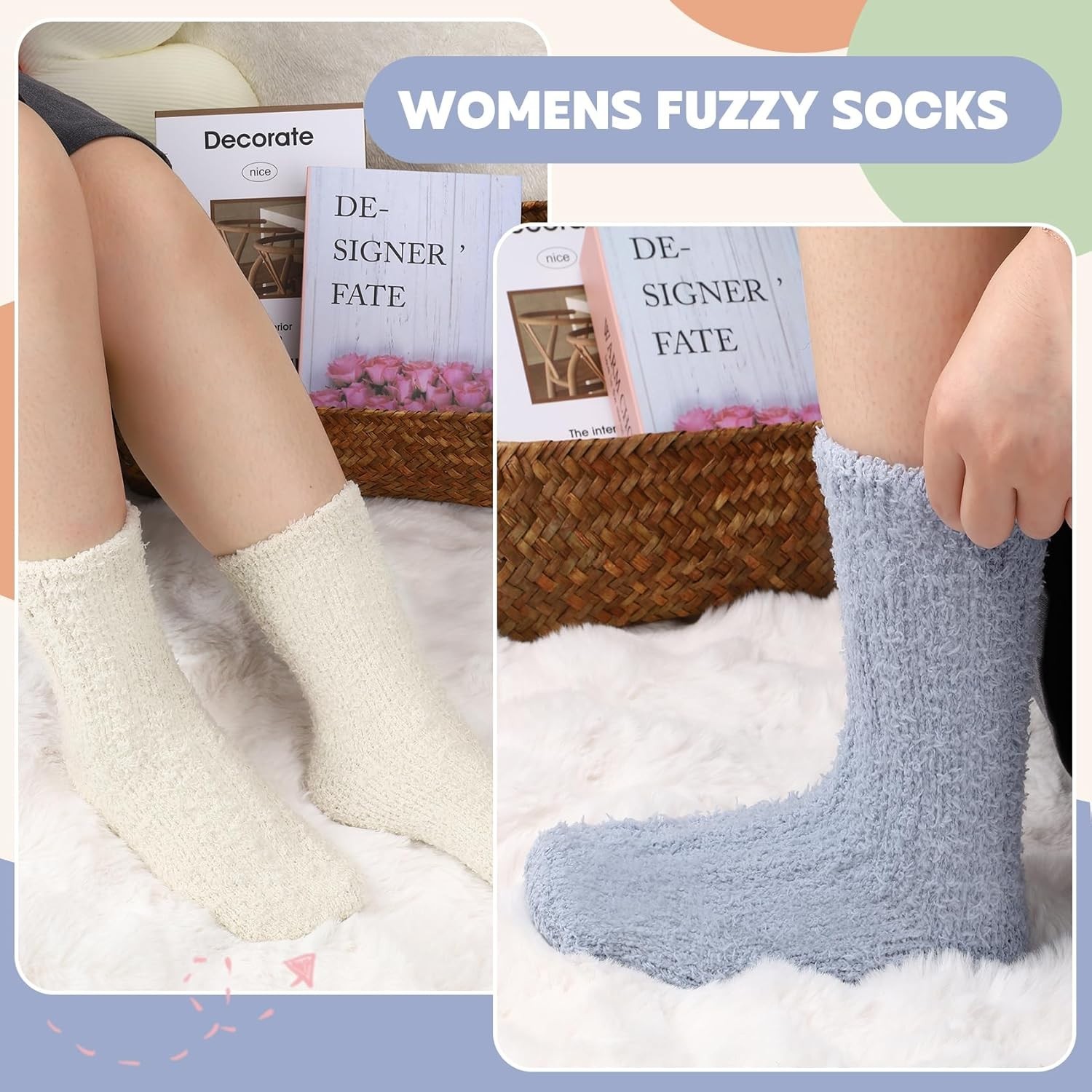 6 Pairs of Plush Women’s Socks - Warm Fluffy Slippers for Cold Weather Comfort