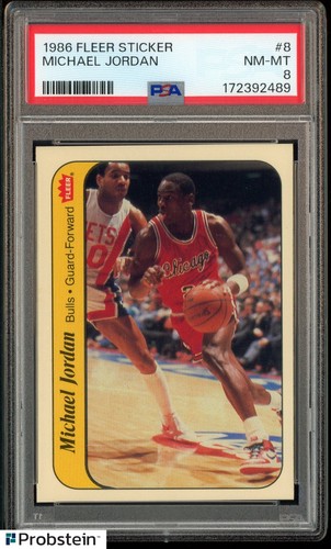 1986-87 Fleer Sticker Basketball #8 Michael Jordan RC Rookie HOF PSA 8 CENTERED
