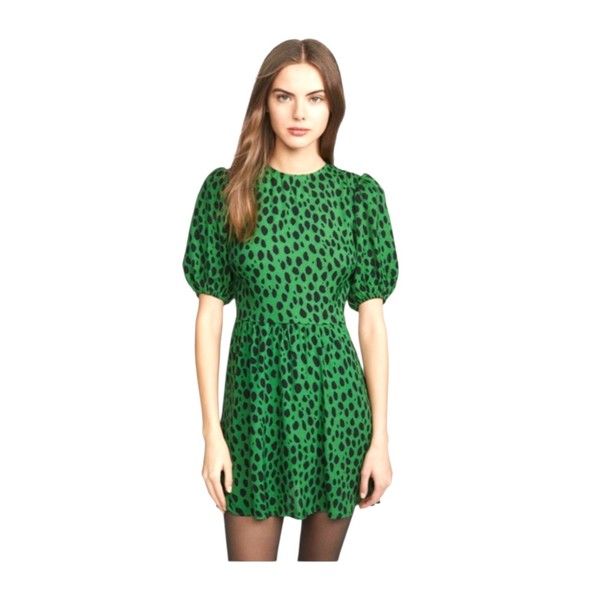 Reformation Dulce Mini Dress Size US 8 Green with Black Spots  Short Sleeves