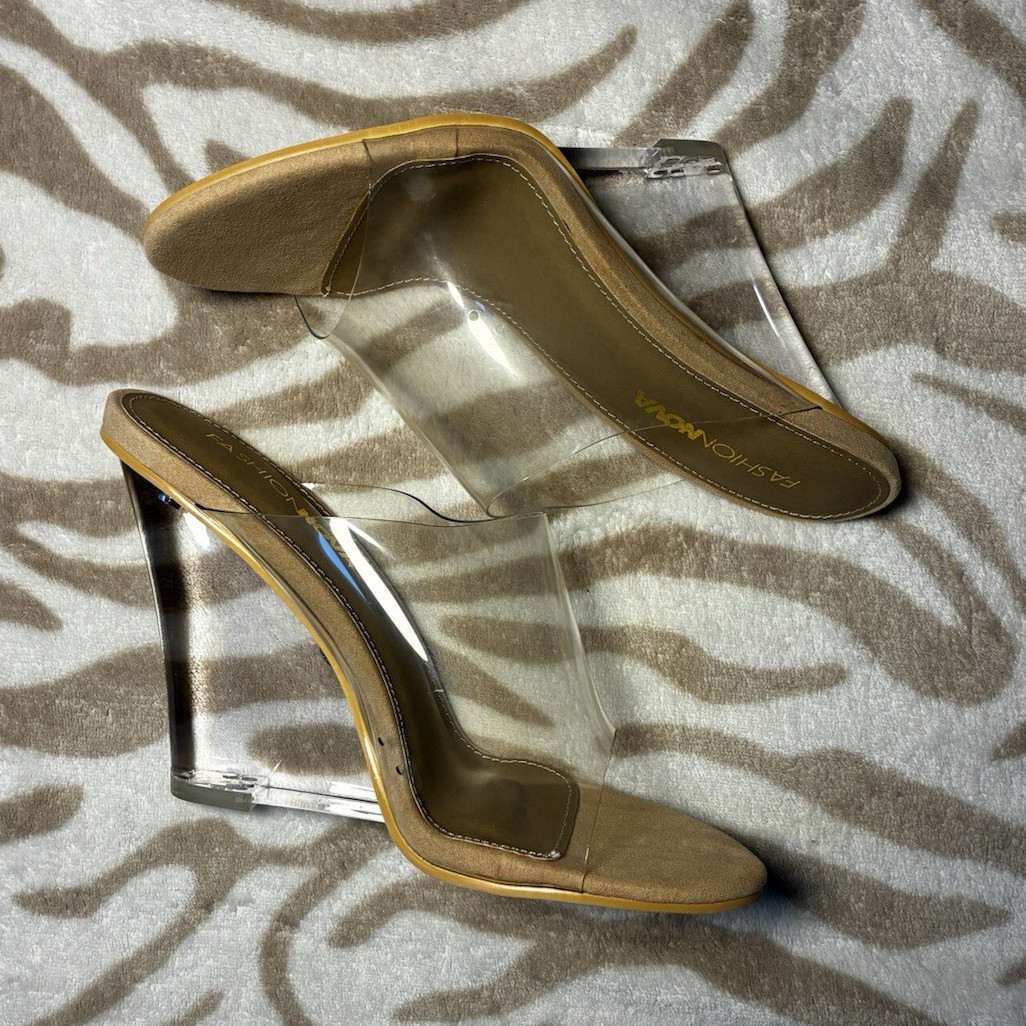 Fashion Nova Women's Beige/Clear Open Toe Slip-On Mule Wedge Heels Sz 7