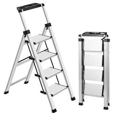 4 Step Ladder, Retractable Folding Step Stool with Anti-Slip Wide Pedal, 330 lbs