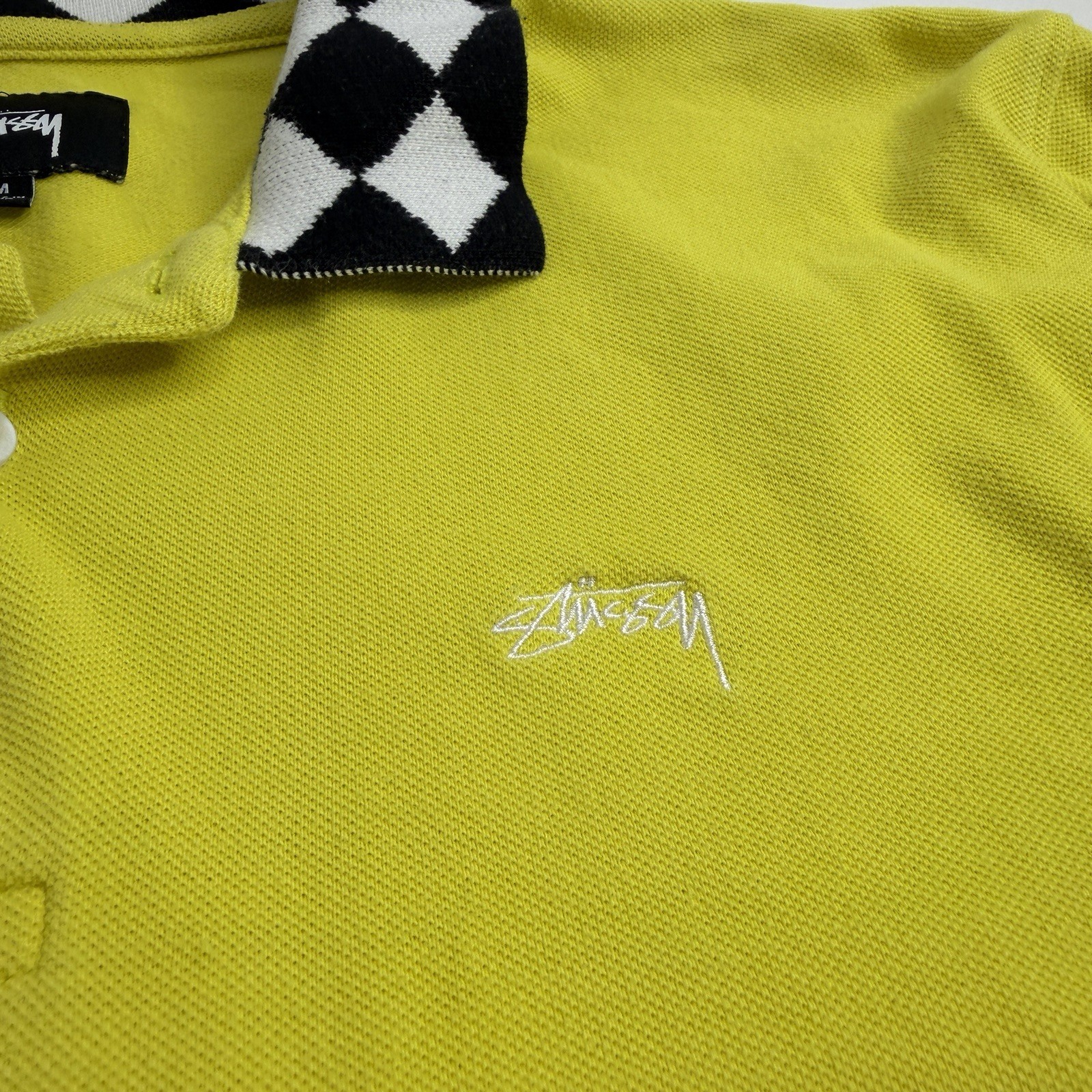 Stussy Louie Long Sleeve Yellow Polo Checkerboard Collar size Medium thumbnail 5
