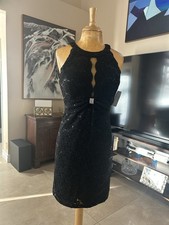 NW NIGHTWAY BLACK MIDI HALTER SEQUIN DRESS WITH RHINESTONE DETAil 6 To 8
