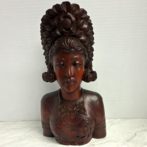 Hand Carved Wood Woman Bust Sculpture Brown Figurine Floral Headdress