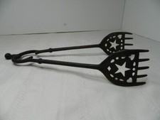 Antique Stars and Hearts 13 1/2 Inch Cast Iron Fireplace Tongs Black