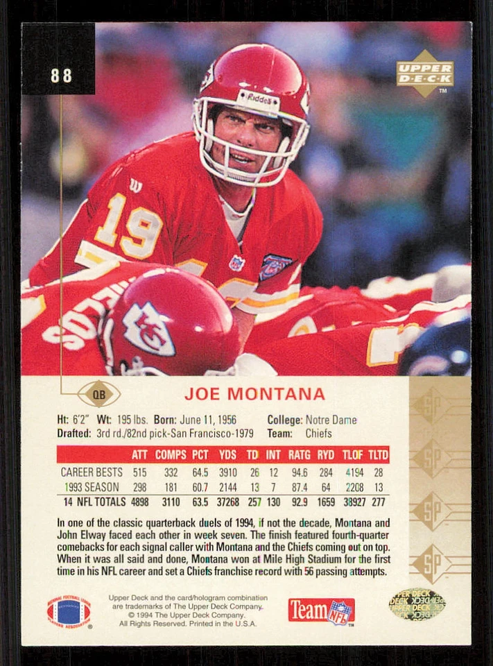 1994 SP #88 Joe Montana - Image 2 of 2