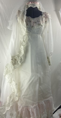 70s BRIDAL ORIGINALS Chiffon Lace Long Sleeve Trail Wedding Dress/Vail 8