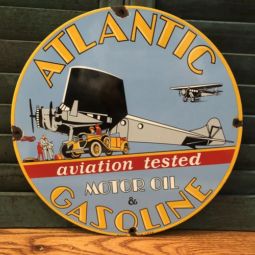 VINTAGE 1939 DATED ATLANTIC AVIATION MOTOR OIL PORCELAIN ENAMEL GAS PUMP SIGN
