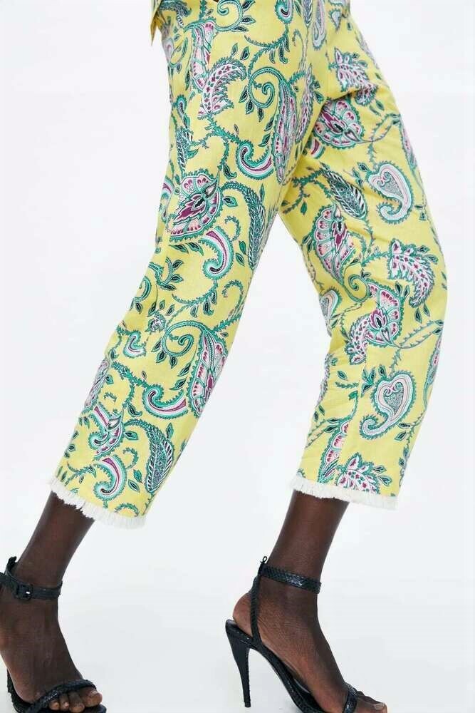 ZARA YELLOW PAISLEY PRINT LINEN BLEND TROUSERS WITH FRINGING SIZE M thumbnail 10