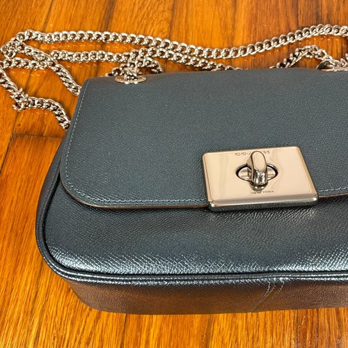 Coach Metallic Leather Purse Turnlock Small Crossbody Blue Silver - Picture 2 of 8