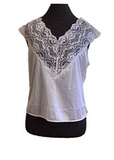 Vintage Nylon Camisole Wide Floral Lace Slip Top White Village Fair USA Sz L