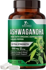 Organic Ashwagandha Capsules 1950mg Supplement w/ Black Pepper Root Powder