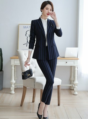 Tailleur completo donna blu gessato elegante giacca manica lunga pantalone  4912 | eBay
