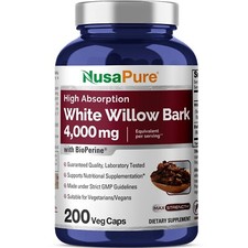 NusaPure White Willow Bark 4000mg, 200 Veggie Capsules, Max Strength, Non-GMO