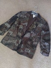 CHICO'S 1 Medium Blazer Jacket Ruched 3/4 Sleeves Brown Green Gold Metallic