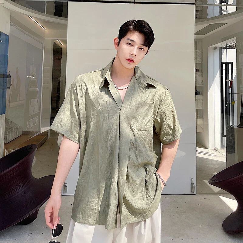 Mens Summer Casual Fashion Top Oversize Lapel Collar Short Sleeves Pleated Shirt