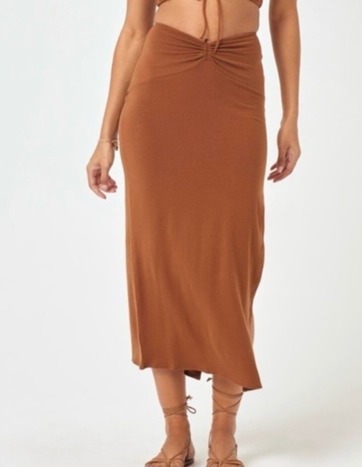 L* Space Its A Date Midi Pullon Skirt Coffee Color Sz. Large Silky & Stretchy