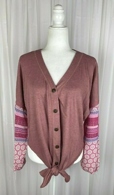 Baea Los Angeles Plus Sz 2X Pink Tie Front V Neck Long Sleeve Boho Top New