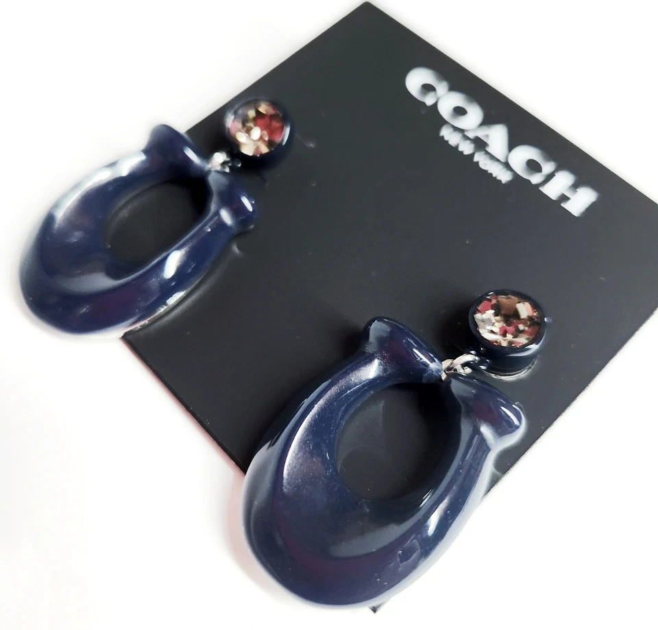 Pendientes Coach Reserve Grandes Firma Esmalte Azul Marino Chapado en Rodio Latón Nuevos con Etiquetas Foto 4 de 4