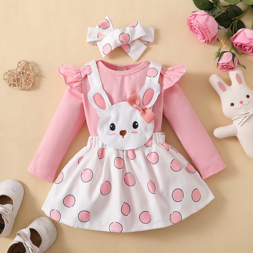 Baby Girl Rabbit Printed Round Neck Rompers Long Sleeve Pullover Shirt Dress Set - Picture 3 of 13