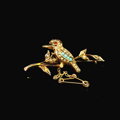9ct Gold Kookaburra Brooch with Ruby Eye, Pearls & Turquoise Cabochons Vintage - 第 7/18 張圖片