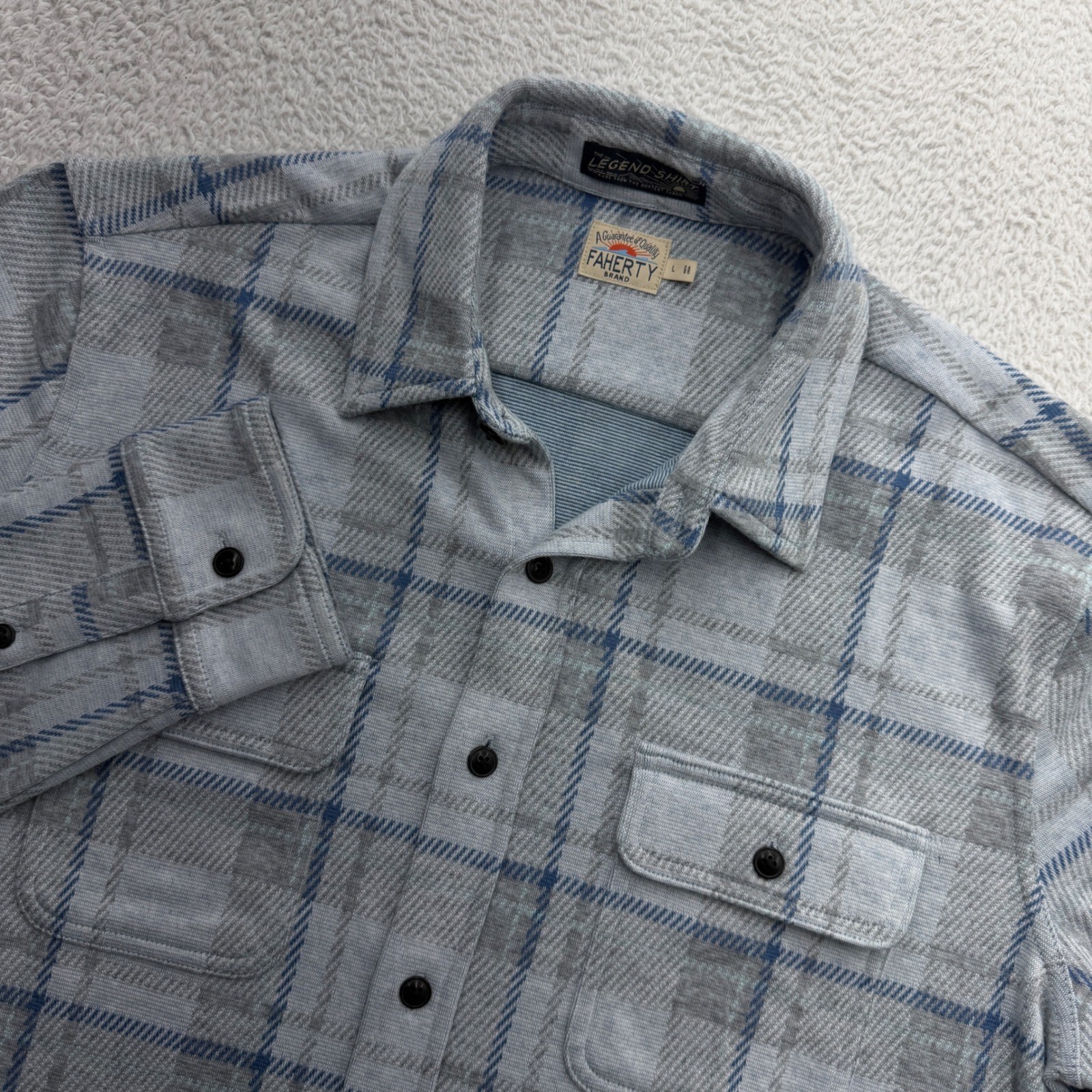 Faherty Legend Shirt Mens Large Blue Grey Plaid Knit Flannel Stretch Button Down