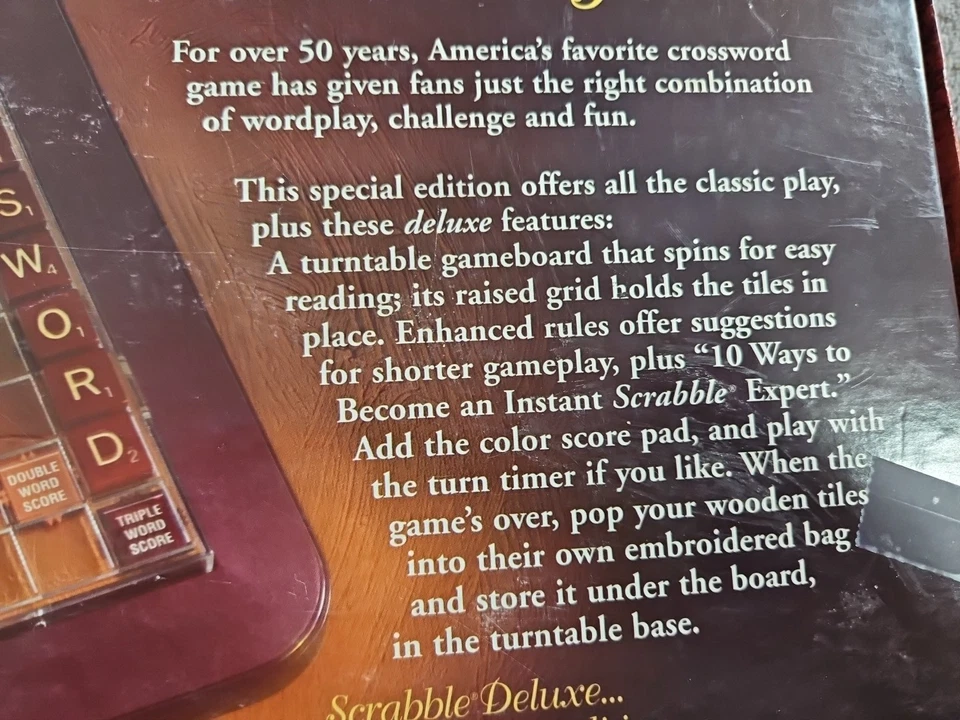 Scrabble Deluxe Crossword Game Rotating Board 04034 Wood Tiles 1999 Complete - Image 3 of 4