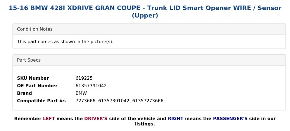 15-16 BMW 428I XDRIVE GRAN CUPÉ - Abridor inteligente tapa maletero CABLE / Sensor (superior) Foto 4 de 4