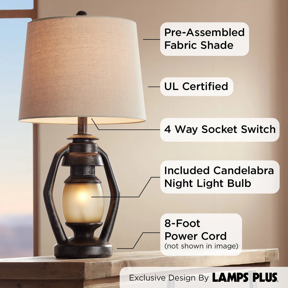 Horace Rustic Table Lamps 25 1/4" High Set of 2 Brown Nightlight Oatmeal Shade - Image 3 of 4