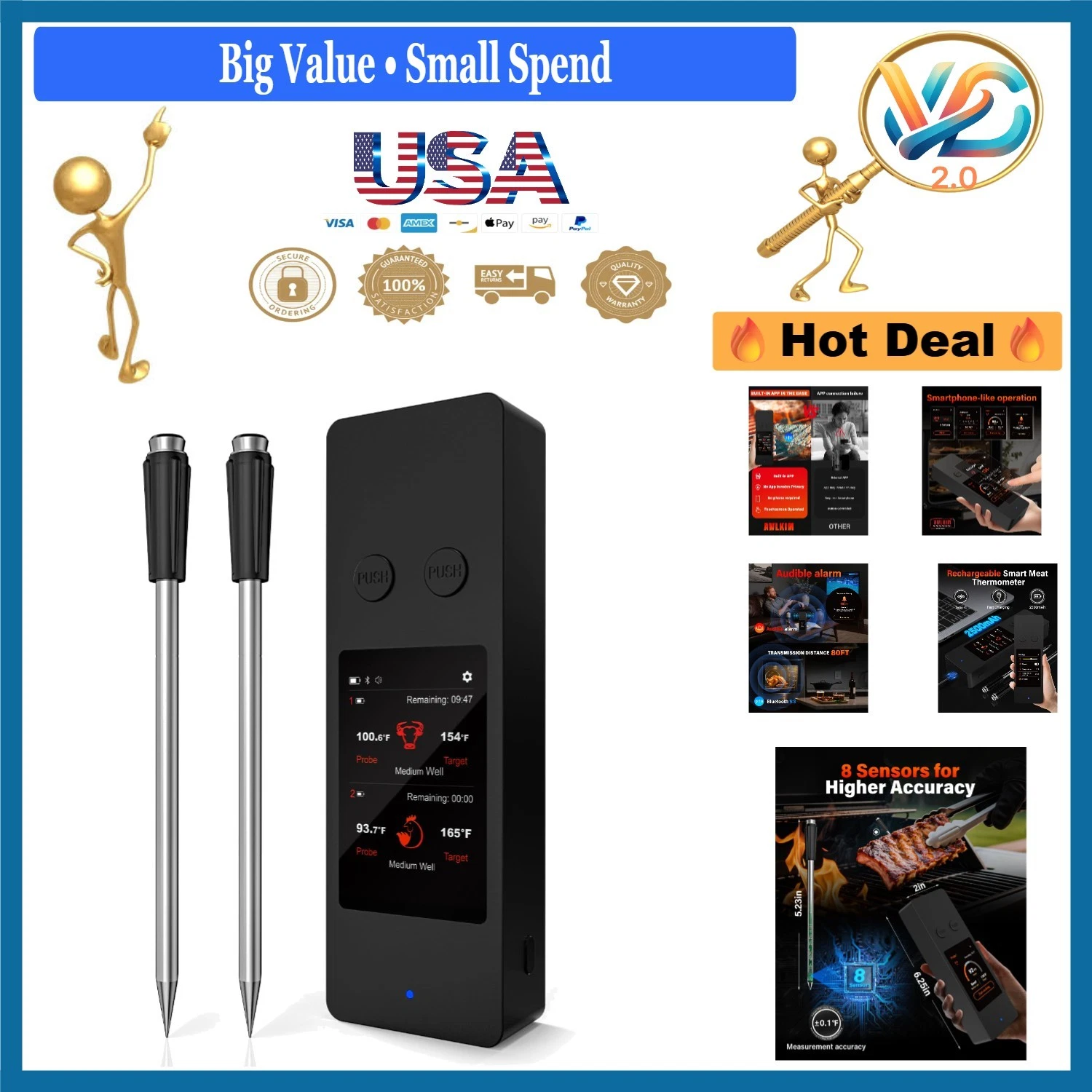 8-Sensor Wireless Meat Thermometer with Touchscreen, Bluetooth 5.3, Dual Prob...