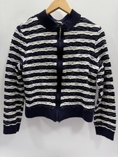 ST. JOHN Sport White/Blue Stripe Wool Rayon Knit Full Zip Cardigan Top Sz XL M 