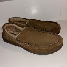 Eddie Bauer Mens Suede Moccasin Slippers XXL 13 Faux Fur Lined Brown